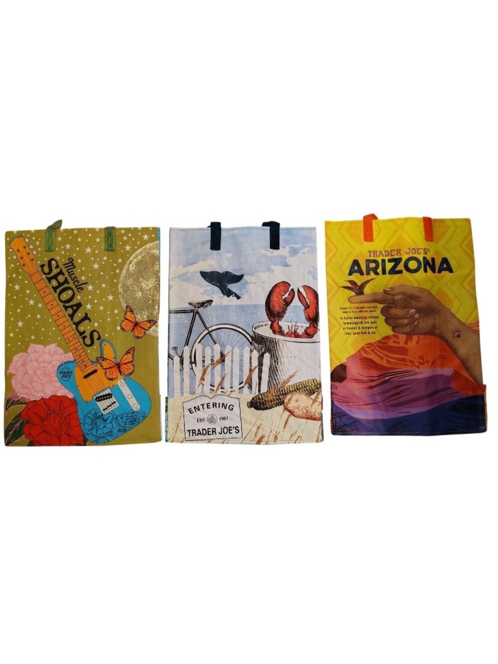 Trader Joes Mystery 3 Piece Bag Set, Alabama, Arizona, Boston Reusable Totes